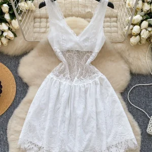 White Lace V Neck Sheer Summer Mini Dress